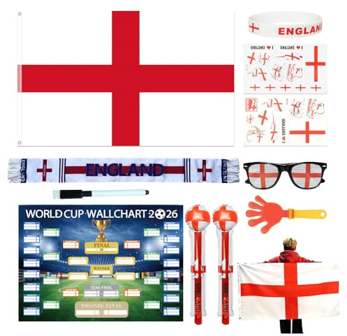 World Cup Football 2026 Fan Pack, 11 Piece Football Fan Equipment Set with Flag, Sunglasses, Clappers, Cheering Sticks Match Schedule Card, World Cup Party Accessories Public Viewing Party (England)