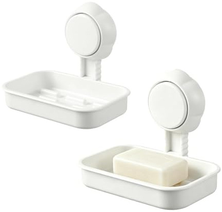 2 Pcs Soap Holder Suction Cup Wall Mounted Drill-Free Quick Drainage Soap Dish Removable White Plastic Sponge Caddy for Bathroom Shower Kitchen Sink