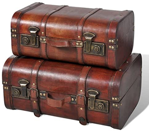 vidaXL 2pc Wooden Treasure Storage Thunk Travel Suitcase Steamer Chest Vintage Style