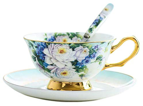 YBK Tech Ensemble tasse et soucoupe de style européen en porcelaine anglaise pour le thé, le café, le petit-déjeuner et la cuisine - Fleurs violettes (bleu)