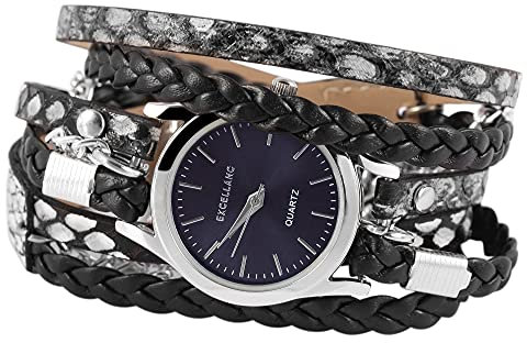 Excellanc Damen-Uhr Kunstleder Metall Wickelarmband Druckknopf 1900180 (schwarz blau)