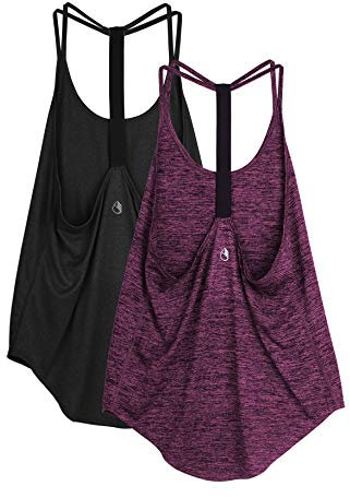icyzone Damen Sport Top ärmellos Yoga Shirt Strappy Training Fitness Tank Top Gym Oberteile, 2er Pack (M, Black/Red Bud)