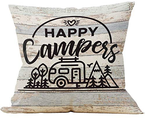 Mancheng-zi Happy Campers Dekokissenbezug, Geschenk für Wohnmobile, Wohnwagen-Dekoration, Camping-Liebhaber, Kissen, 45,7 x cm, Leinen-Kissenbezug, Wohnmobil-Dekoration Sofa, Couch, Bett