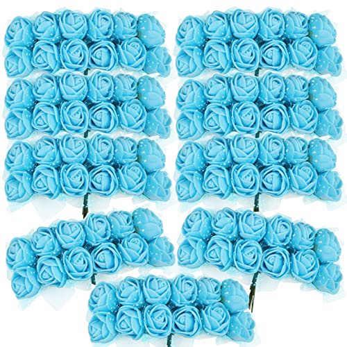 BETESSIN 144 STK. Künstliche Rosen Mini Schaumrosen mit Tüll Blau Deko Blumen Schaum mit Stiel 2cm Kunstrosen Köpfe DIY Rosenköpfe Künstlich zum Basteln Party Hochzeit Brautstrauß Geschenk