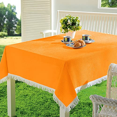EMHELLE Gartentischdecke Garten Balkon Terrasse Tischdecke Camping Picknick Rund Oval Eckig Außen und Innenbereich Rutschhemmende Oberfläche mit weißen Fransen (130 x 160 cm, Orange)