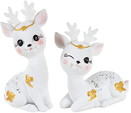 2 Stück Hirschfiguren Tierfigur Dekofigur, MoreChioce Süß Hirsch Auto Armaturenbrett Dekoration Kreativ Harz Rehkitz Autodekoration Puppe Spielzeug Waldtier Rehkitz Desktop Ornamente,Weiß
