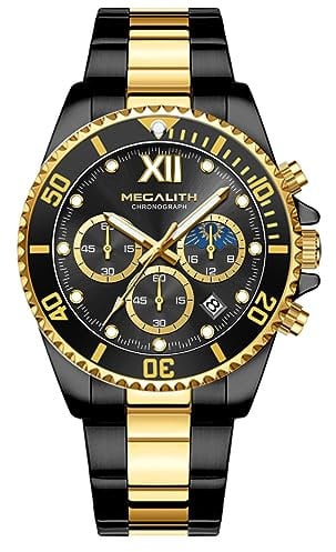 MEGALITH Herrenuhr Edelstahl Analog Chronograph Männer Uhr Moon Phase, Designer Herren Uhr Wasserdicht Leuchtende Quarz Mann Armbanduhr mit Datum, Uhren Herren Geschenke - Schwarz Gold