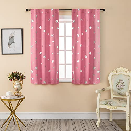GIRASOLE HOME® Coppia Tende Oscuranti Morbide Fantasia Stelle Argentate Tenda Morbida per Interni con Tasca e Passanti Nascosti 2 Pannelli (Rosa, 70x145cm)