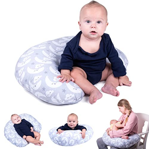 ZK ZuresKa Stillkissen Klein. Babykissen 100% Baumwolle. Nursing Pillow mit abnehmbarem und waschbarem Bezug. Breastfeeding Pillow. (GRAU_Moon)