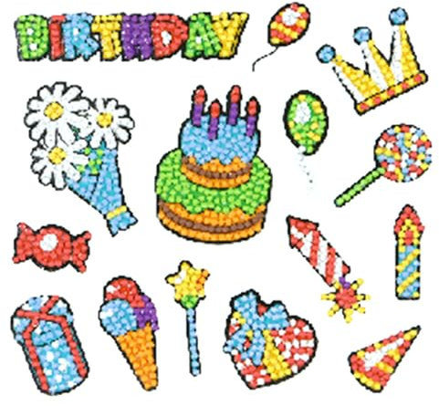 Diamond Painting Stickerset, Motiv Happy Birthday, Bastelset zum Gestalten von Aufklebern mit Glitzersteinchen, für Kinder ab 5 Jahren