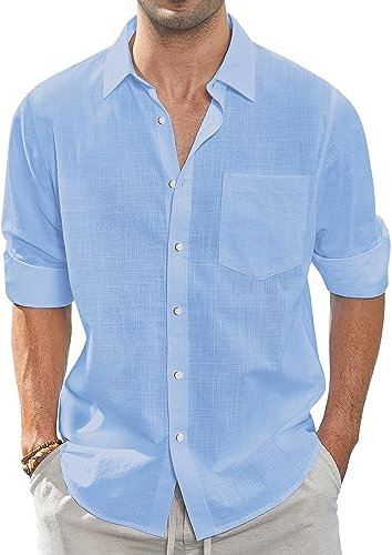 J.VER Men's Linen Cotton Shirts Long Sleeve Regular Fit Casual Solid Lightweight Summer Beach Shirt with Pocket Blue XL