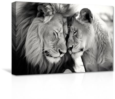 CXHOSTENT Leinwand Wandbilder Löwe und Löwin Schwarz Weiß Löwenpaar Kunstdrucke afrikanische Wildtiere Tierbilder für Bürodekoration (A, 40.00 x 60.00 cms)