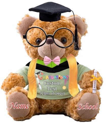 Personalisierter Abschluss-Teddybär mit Brille und Abschlussschal, Abschlussgeschenke für Ihn 2024 mit Text, Abschlussbär als Personalisierte Abschlussgeschenk für sie zum Abschluss 2024 (20 cm-Text)
