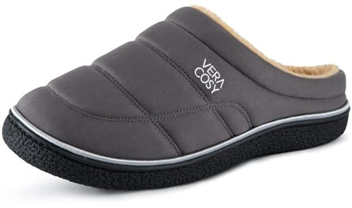 VeraCosy Men's Quilted Slip-on Slippers Technical-cloth Soft Fuzzy Comfy Non-slip Campground Style House Shoes Grey, 10-11 UK