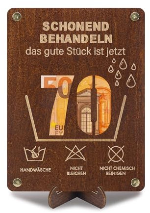 Witzige 70. Geburtstag Geldgeschenke Holz mit Geburtstagskarte, Geschenke aus Holz mit Ständer, Geldgeschenke Verpackung Geburtstagskarte 70, Geschenkes zum 70 Geburtstags Mann Frau