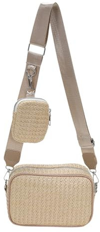 TOFBS Bolso Mujer Bolsa de Playa Verano Paja Mano Tejido Crossbody Bohemio con Correa Ancha Ajustable y ExtraíBle para Fiesta Escuela Viaje Uso Diario (Caqui)