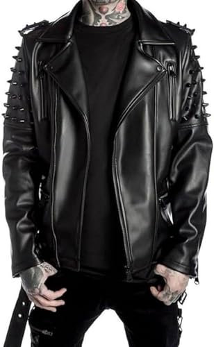 ZM ATTIRE Giacca da uomo in vera pelle bovina nera con borchie punk con risvolto e risvolto, Nero - Vera Pelle, XS