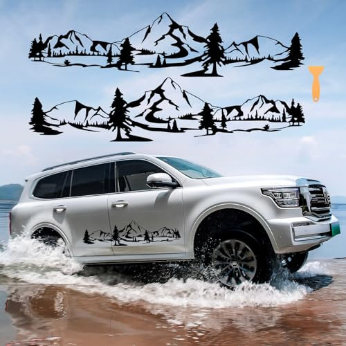 1Paar Berg Wald Auto Aufkleber, Wasserdichte Vinyl Berg Bäume Autoaufkleber, Universal Grafik Sticker Auto Seite Karosserie Motorhaube Aufkleber Dekor für SUV Off-Road Jeep Wohnmobil LKW, 100x23cm