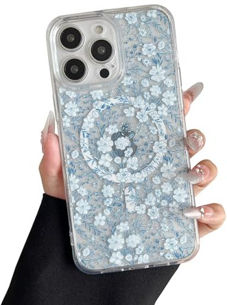RALEAVO Magnetic Case for iPhone 14 Pro, Compatible with Magsafe Cute Flower Girls & Women Clear Case Silicone Shockproof Protective Cover with Floral Pattern Case for iPhone 14 Pro-Blue Flower