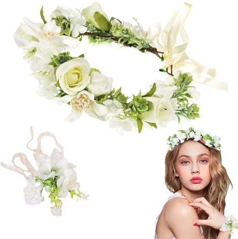 VIDSTW Couronne Fleur Cheveux Enfant Réglable Couronne de Fleurs Cheveux | Communion et Bracelet Fleur Roses Artificielles Flower Headband pour Plage Festival Communion Voyage Fête Mariage