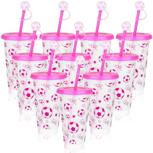 Kklolai 10 Pcs 24 Oz Plastic Football Cups Reusable Tumbler with Lid and Straw Soccer Birthday Party Gifts for Coach Fan Men Women Sports Game Team Decoration (Pink)