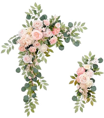 Joygoodta bågblommor, 2 st blommiga swag, livliga romantiska pioner konstgjorda bröllopsblommor med grönska för båge, välkomstskyltar, bordsuppsatser