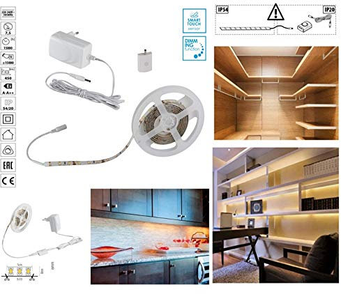 TrAdE Shop Traesio Kit Striscia LED con Tasto Interruttore Touch DIMMER Bianco Caldo 3000K 7,5 Watt