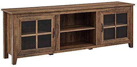 Walker Edison Modern Farmhouse Glass and Wood Cabinet Doors 80 Living Room Storage Shelves Entertainment Center Fireplace TV Stand, Without, Reclaimed Barnwood