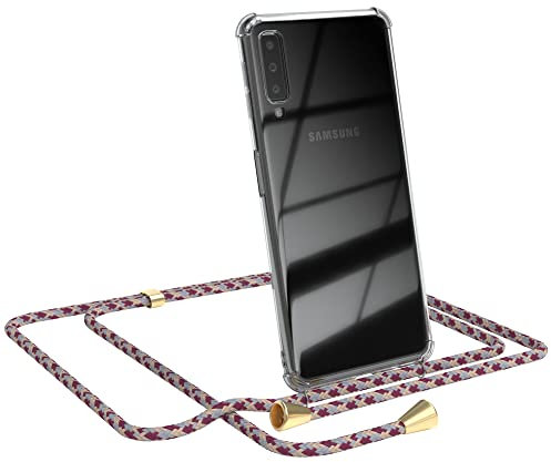 EAZY CASE Handykette kompatibel mit Samsung Galaxy A7 (2018) Handyhülle mit Umhängeband, Handykordel mit Schutzhülle, Silikonhülle, Hülle mit Band, Stylische Kette für Smartphone, Bordeaux Camouflage