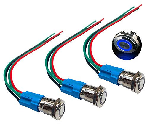QitinDasen 3Pcs Premium 12V / 24V 3A Interruptor de Botón Momentáneo, 12mm Interruptor de Botón Metálico, LED Azul Interruptor Pulsador Impermeable IP66 con Enchufe de Cable