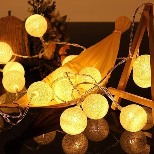 Ciskotu lichterkette Innen mit Stecker, 3.8M Lichterkette Lampions 20 LEDs,Lichterkette Cotton Ball Kugeln für Kinderzimmer Weihnachten Party Garten Terrasse (Weiß)