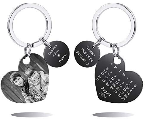 MeMeDIY Personnalisé Porte-clés Anniversaire Mariage Relation Cadeaux Gravure Noms Date Photo Photos En Acier Inoxydable Personnalisé Porte-clés Pour Hommes Femmes Petit Ami Petite Amie (Rond + Coeur)
