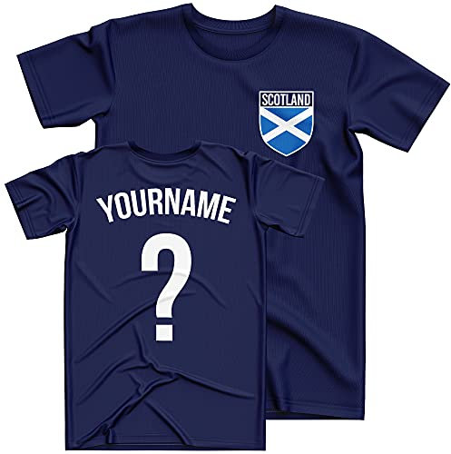 Scotland Football Shirt Kids - Scotland Flag Badge Custom Name And Number T Shirt - Football Personalised Retro Europe Summer 2021 Footy Gifts For Boy - Unique European Footie Top, 3-4 Years, Navy