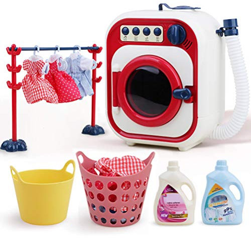 BSTCAR Mini juguete de lavadora para niños, juguete electrónico para el hogar, lavadoras con varios accesorios de lavandería y funciones, mejora las habilidades