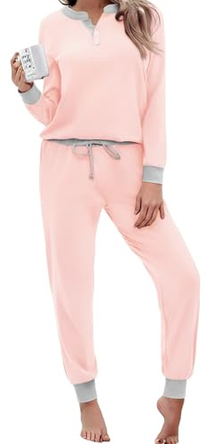 Aseniza Pigiama Invernale Donna Pigiama Caldo Due Pezzi in Pure Cotone Set Pigiama a Manica Lunga Pantaloni Lunghi con Tasche