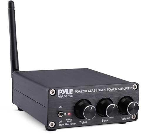 Pyle 240W Mini Bluetooth Home Stereo Amplifier - 2 Channel Compact Micro Receiver with Bass & Treble Control Dials - Includes Power Supply - Use with Passive Speakers for Indoor - Garage - Desktop