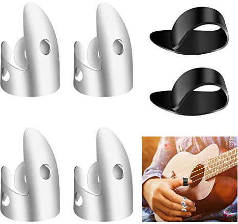 ASTER 6 Stück Fingerpicks, Edelstahl Finger Plektrum und Kunststoff Daumen Picks Set, Einstellbares Fingerplektren für Verschiedene Saiten Gitarre Banjo Harfe Bass