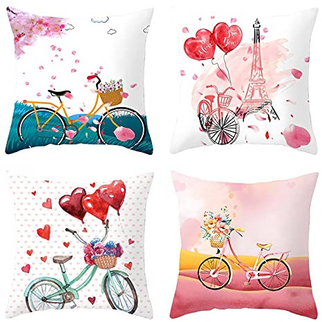 Lieson Housse de Coussin 45 X 45 Lot de 4, Housse Oreiller Decoratif Rose Blanc Sarcelle Taie D Oreiller Deco Coeur Ballon Vélo Tour Eiffel, Polyester