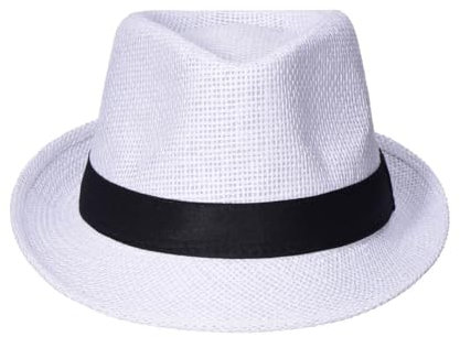 Sombrero Blanco de Paja con Banda Piel, Sombrero Panama Gangster del 20s para Adultos, Disfraz para Fiesta Blanca Cubana o para Sol, 56-59cm (56cm, FZH-1601)