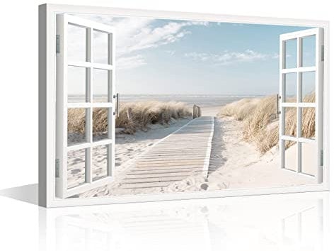Beach View 3D Window Effect Canvas Prints Wall Decor Seaside Landscape Pictures Print on Canvas Wall Art for Bedroom Living Room Bathroom Office Home Decorations Ready to Hang - 24 W x 16 H
