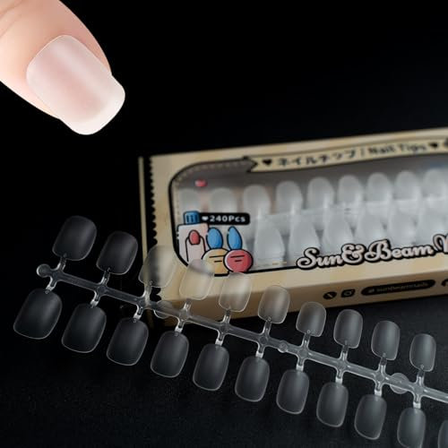 Sun&Beam Nails Fake Nails Tips Full Clear Acrylic Cover for Manicure Salons Nail Art 15 Sizes 240 Pcs (Extra Short Round)