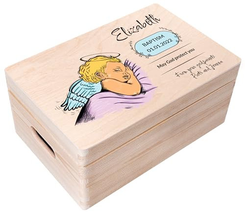 Creative Deco Personalisiert zur Taufe Geschenk für Mädchen und Junge | Mehrere Taufe Motiv | Holzkiste Erinnerungsbox Deko | Individuelle Geschenk Spielzeugkiste Holzbox mit Deckel | Spardose
