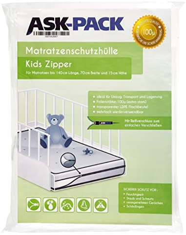 ASK Pack Housses de Protection pour Matelas avec Ancre Zip - Tailles XS à XXL Imperméable Ultra résistant à la déchirure Matériau jusqu'à 100µ, Idéal pour Les Le Stockage et Transport - 70x140 cm