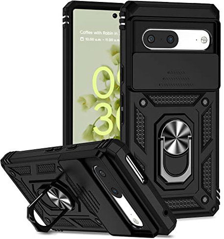 ESTH® Hülle für Google Pixel 7 mit Slide Camera Cover [Kameraschutz] [Ring Ständer] [Case Kompatibel Mit Magnetischer Autohalterung] Stoßfeste Handyhülle, Schwarz