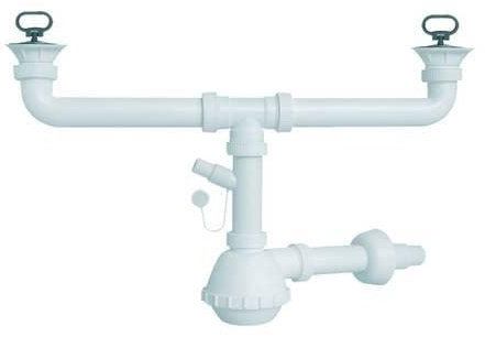 Sifone a bottiglia/fiasco moplen da 1'' 1/2 a 2 vie con tubo di scarico da 40/32 mm fornito con pilette gattinara ø mm.80/52 e con tappi a maniglia