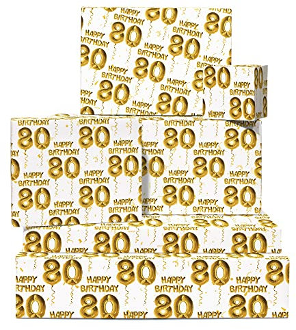Geschenkpapier für Männer – 6 Bögen weißes Geschenkpapier – Geschenk zum 80. Geburtstag – Happy Birthday Geschenkpapier für Frauen – Alter 80 – für Mama oder Papa – von Central 23