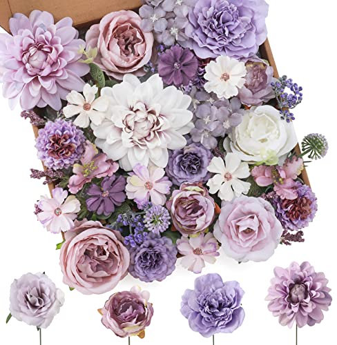 Floweroyal Künstliche Blumen Combo Lila Blumen Mix Seide Blumen Dahlie Rosen mit Stielen für DIY Hochzeit Brautsträuße, Babyparty, Blumenarrangement, Tischaufsätze, Heimdekorationen.