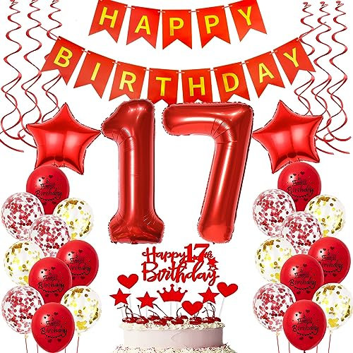 Oumezon 17. Geburtstag Mädchen Rot Dekoration Set: 25 Stück, Rot, Ballon, Partydekoration, Hochzeit, Geburtstag, Mädchen (17 Jahre), weiblich