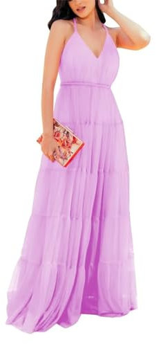 HPPEE WYX379 - Vestido de fiesta de noche para jóvenes, tirantes delgados, vestido de dama de honor de boda, Lila, 58 Más