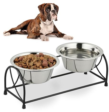 Relaxdays Gamelles, Support pour Petits Chiens, avec 2 Bols en Acier Inoxydable de 1 L chacun, Noir - argenté